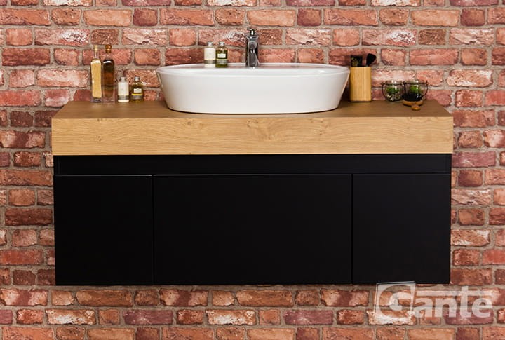 Czarna szafka pod umywalkę nablatową blat dekor dąb naturalny ceramiczna nablatowa umywalka Premium