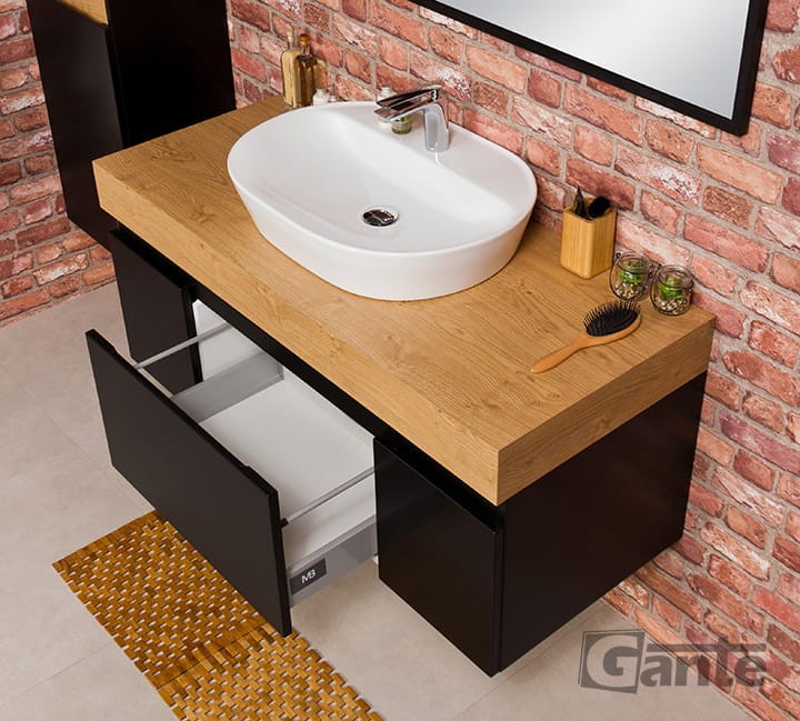 Czarna szafka pod umywalkę nablatową blat dekor dąb naturalny ceramiczna nablatowa umywalka Premium