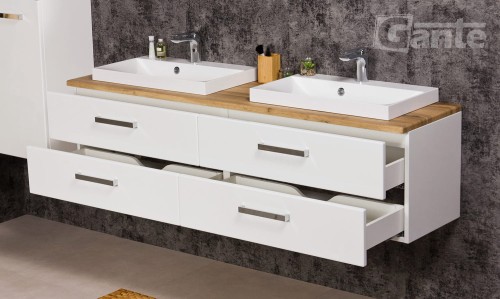 Biała szafka łazienkowa z blatem dekor dąb naturalny 160 cm na 2 umywalki nablatowe głębokość blatu 41 cm kolekcja Fokus (5).jpg