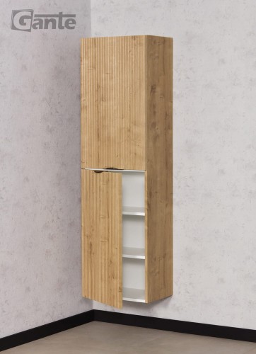 Wiszący dwudzwiowy regał do łazienki kolor dębowy lamele na frontach Brendo (1).jpg