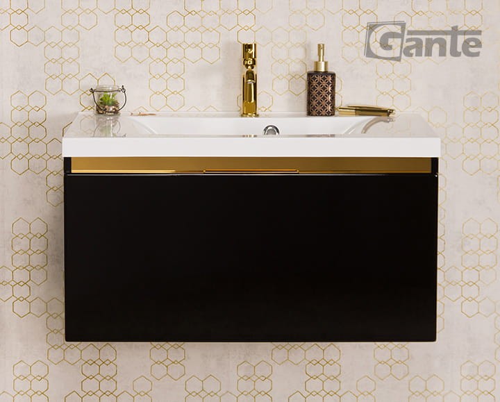 Czarna szafka łazienkowa z umywalką o szerokości 80 cm 1 głęboka szuflada złote dodatki ukryty uchwyt (2).jpg