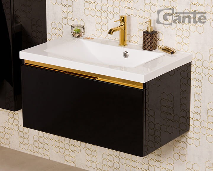 Czarna szafka łazienkowa z umywalką o szerokości 80 cm 1 głęboka szuflada złote dodatki ukryty uchwyt