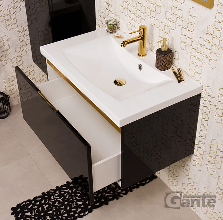 Czarna szafka łazienkowa z umywalką o szerokości 80 cm 1 głęboka szuflada złote dodatki ukryty uchwyt (4).jpg