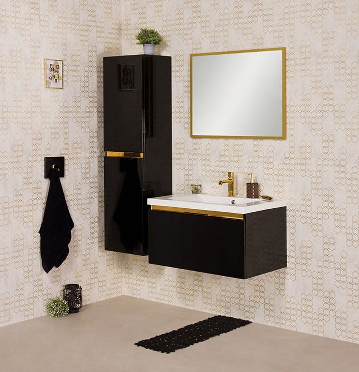 Czarna szafka łazienkowa z umywalką o szerokości 80 cm 1 głęboka szuflada złote dodatki ukryty uchwyt (6).jpg