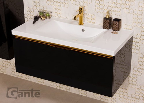 Czarna szafka łazienkowa z umywalką o szerokości 100 cm 1 głęboka szuflada złote dodatki ukryty uchwyt (2).jpg