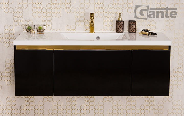Czarna szafka łazienkowa z umywalką o szerokości 120 cm 1 głęboka szuflada i szafki boczne złote dodatki ukryty uchwyt (1).jpg