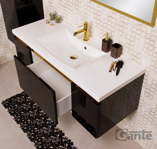 Czarna szafka łazienkowa z umywalką o szerokości 120 cm 1 głęboka szuflada i szafki boczne złote dodatki ukryty uchwyt (2).jpg
