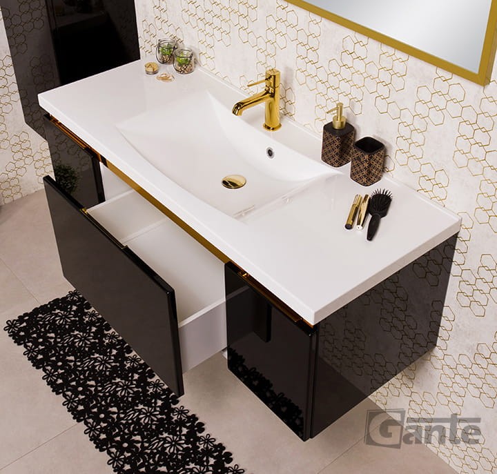 Czarna szafka łazienkowa z umywalką o szerokości 120 cm 1 głęboka szuflada i szafki boczne złote dodatki ukryty uchwyt (2).jpg