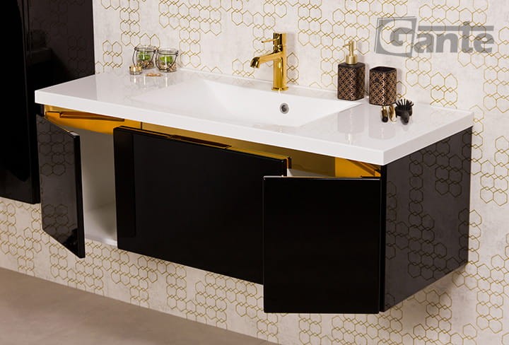 Czarna szafka łazienkowa z umywalką o szerokości 120 cm 1 głęboka szuflada i szafki boczne złote dodatki ukryty uchwyt (3).jpg
