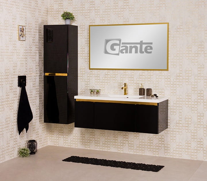 Czarna szafka łazienkowa z umywalką o szerokości 120 cm 1 głęboka szuflada i szafki boczne złote dodatki ukryty uchwyt (5).jpg