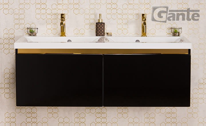 Czarna szafka łazienkowa z umywalką o szerokości 120 cm 2 osobowa 2 głębokie szuflady i szarki złote dodatki ukryty uchwyt (2).jpg