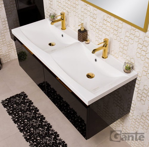 Czarna szafka łazienkowa z umywalką o szerokości 120 cm 2 osobowa 2 głębokie szuflady i szarki złote dodatki ukryty uchwyt (3).jpg