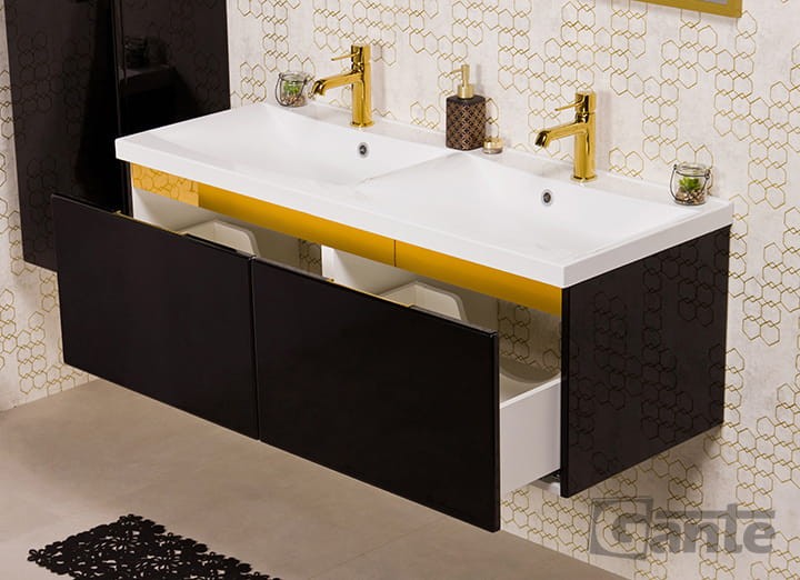 Czarna szafka łazienkowa z umywalką o szerokości 120 cm 2 osobowa 2 głębokie szuflady i szarki złote dodatki ukryty uchwyt (4).jpg