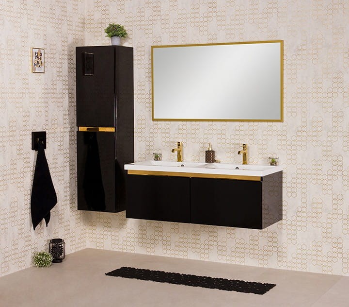 Podwójna czarna szafka łazienkowa z umywalką o szerokości 120 cm 2 osobowa 2 głębokie szuflady i szafki złote dodatki ukryty uchwyt