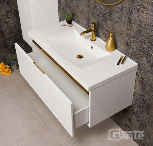 Biała szafka łazienkowa z umywalką o szerokości 100 cm 1 głęboka szuflada złote dodatki ukryty uchwyt (2).jpg