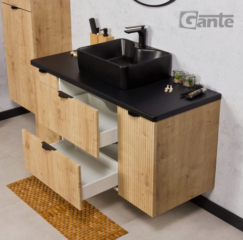 Nowoczesna szafka łazienkowa z czarnym blatem 120 cm i czarna umywalka nablatowa lamelowe fronty (4).jpg