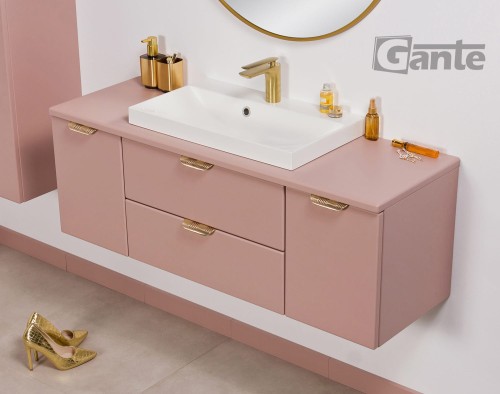 Rózowa szafka do łazienki z blatem 120 cm perłowy róż i złote uchwyty z umywalką (3).jpg