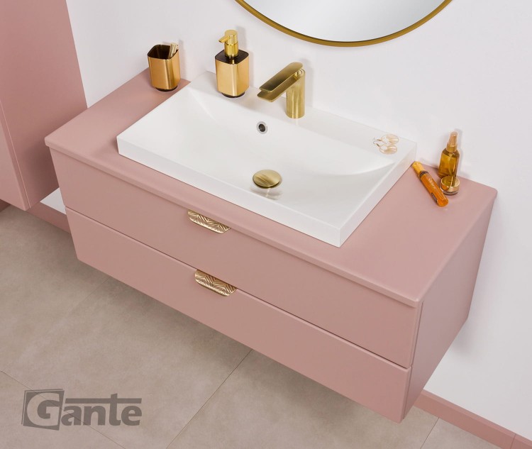 Rózowa szafka do łazienki z blatem 100 cm perłowy róż i złote uchwyty z umywalką (4).jpg