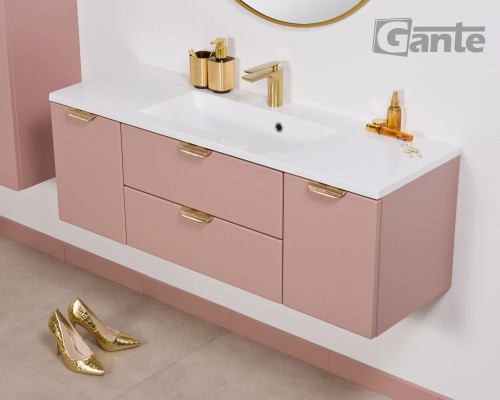 Rózowa szafka do łazienki 120 cm perłowy róż i złote uchwyty z umywalką (1).jpg