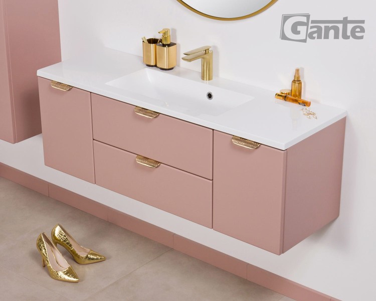 Rózowa szafka do łazienki 120 cm perłowy róż i złote uchwyty z umywalką (1).jpg