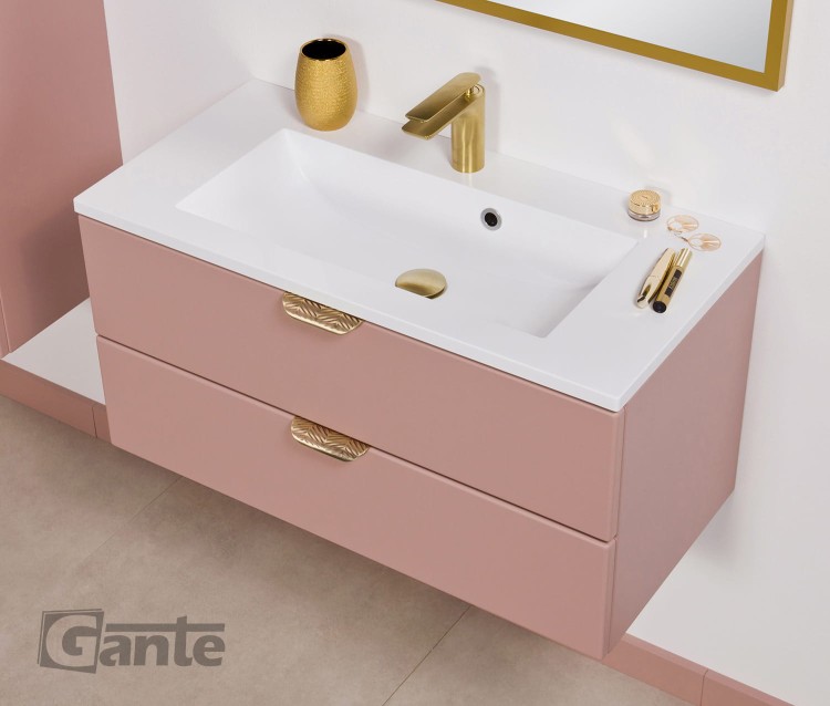 Rózowa szafka do łazienki w kolorze matowy perłowy róż z umywalką szerokośc 80 cm złote uchwyty (4).jpg