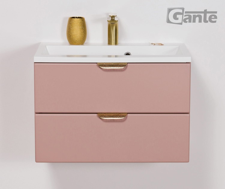 Rózowa szafka do łazienki w kolorze matowy perłowy róż z umywalką szerokośc 60 cm złote uchwyty (1).jpg