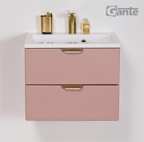 Rózowa szafka do łazienki w kolorze matowy perłowy róż z umywalką szerokośc 50 cm złote uchwyty (5).jpg