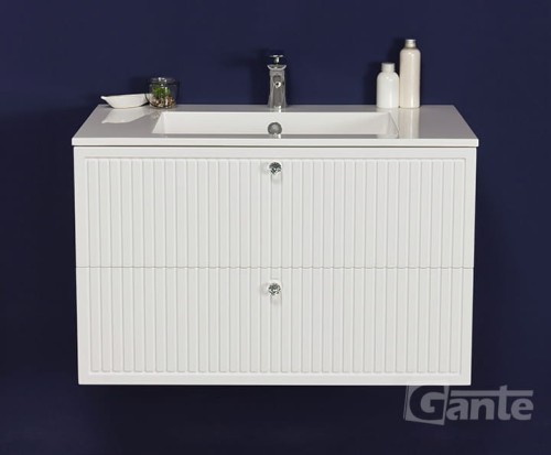 Biała szafka łazienkowa pod umywalkę 80 cm szerokości 2 szuflady ozdobne gałki kryształowe ryflowane fronty kolekcja Argento (1).jpg