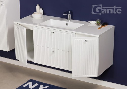 Biała szafka łazienkowa pod umywalkę 120 cm szerokości 2 szuflady ozdobne gałki kryształowe ryflowane fronty kolekcja Argento (3).jpg