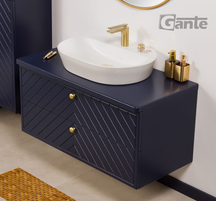 Granatowa szafka łazienkowa Kodi front w jodełkę szerokość 100 cm z blatem umywalka nablatowa (3).jpg