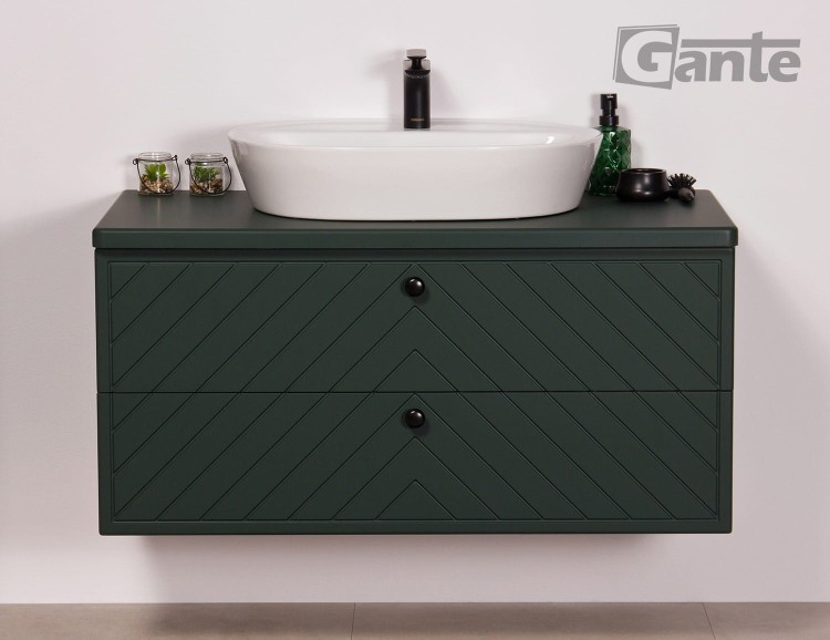 Zielona szafka łazienkowa z blatem Kodi front w jodełkę szerokość 100 cm umywalka nablatowa (2).jpg