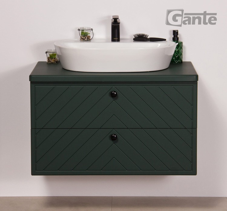 Zielona szafka łazienkowa z blatem Kodi front w jodełkę szerokość 80 cm umywalka nablatowa (1).jpg