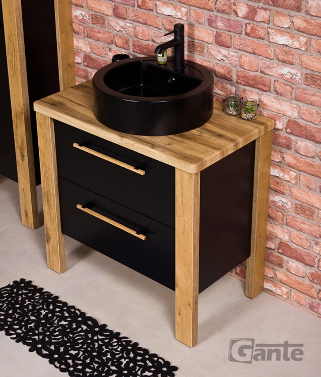 Stojaca szafka do łazienki z blatem czarna umywalka nablatowa z miejscem do montażu baterii szerokość szafki 80 cm kolor czarny mat i drewno  (3).jpg