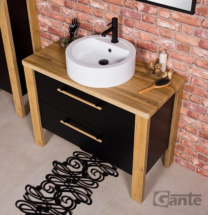Stojaca szafka do łazienki z blatem biała umywalka nablatowa z miejscem do montażu baterii szerokość szafki 100 cm kolor czarny mat i drewno (3).jpg