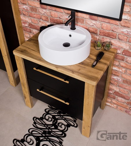 Stojaca szafka do łazienki z blatem umywalka nablatowa z miejscem do montażu baterii szerokość 80 cm kolor czarny mat i drewno  (4).jpg