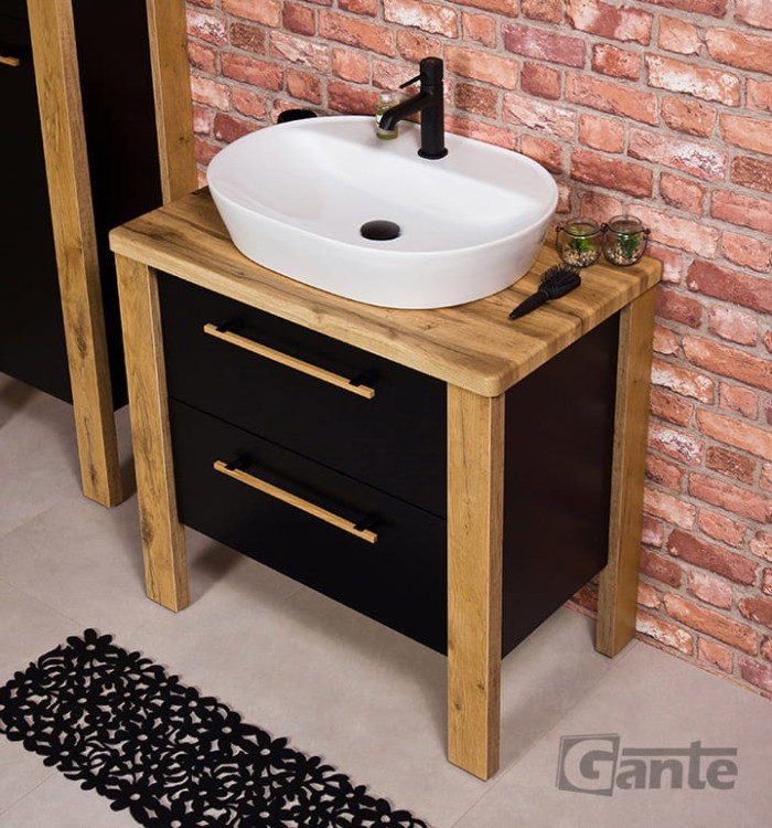 Stojąca szafka pod umywalkę z blatem umywalka nablatowa Elegance kolekcja mebli łazienkowych Cortez czarny mat z drewnem