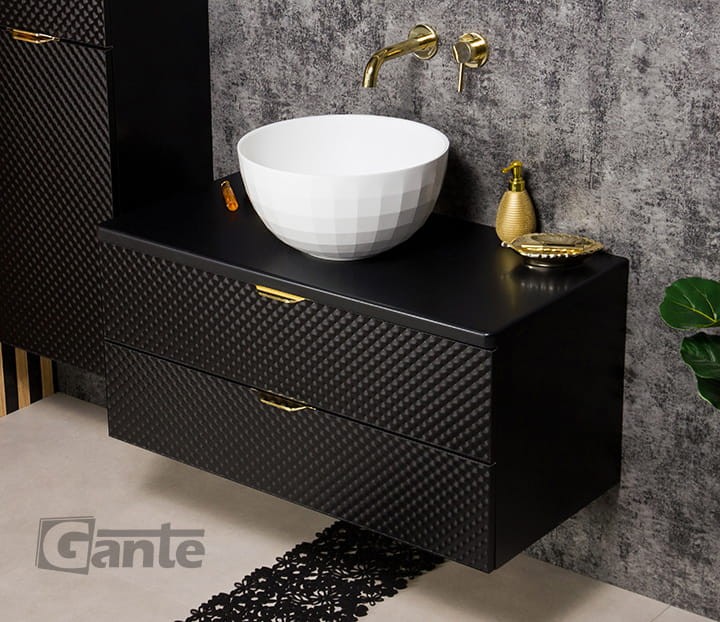 Szafka łazienkowa z blatem Glow 100 cm i umywalka nablatowa w kształcie misy bateria podtynkowa Kohlman złote uchwyty meble łazienkowe producent Gante (3).jpg