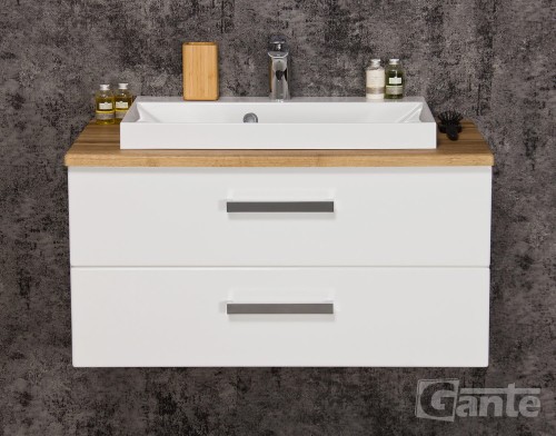 Szafka łazienkowa z blatem i umywalką nablatową Fokus biały połysk blat dekor dąb naturalny 2 szuflady srebrne uchwyty (1).jpg