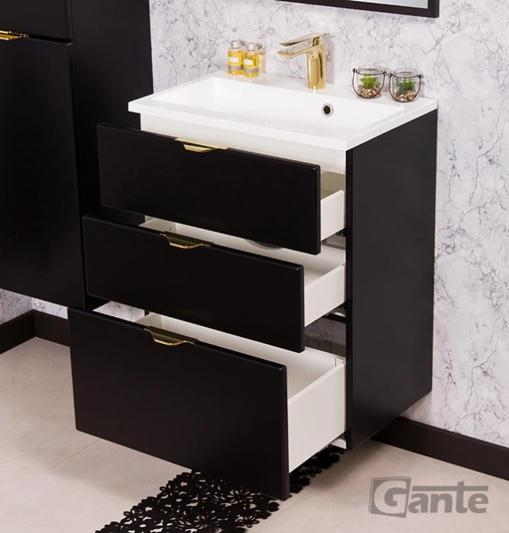 Czarna szafka pod umywalkę Victa 3 szuflady 60 cm z umywalką złote uchwyty  (4).jpg