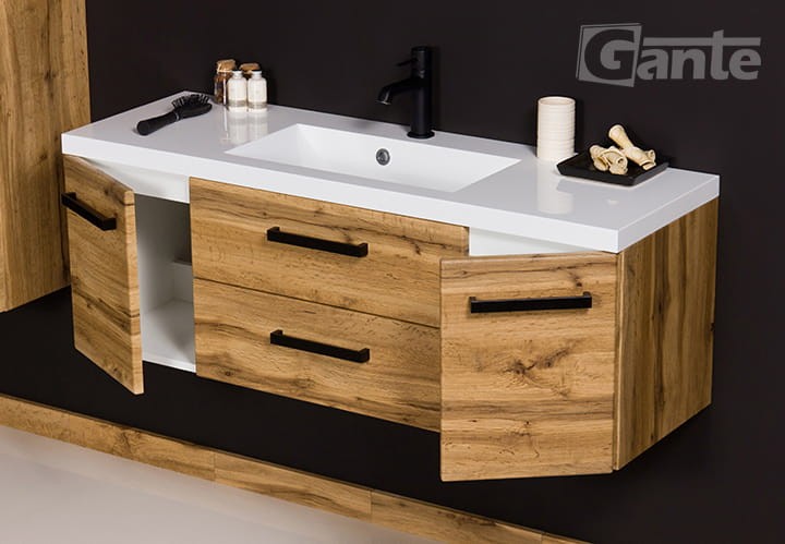 Fajna wisząca szafka pod umywalke 120 cm w dekorze dębu z czarnymi uchwytami  2 szuflady i 2 szafki cichy domyk w standardzie bardzo dobre opinie Klientów  (3).jpg