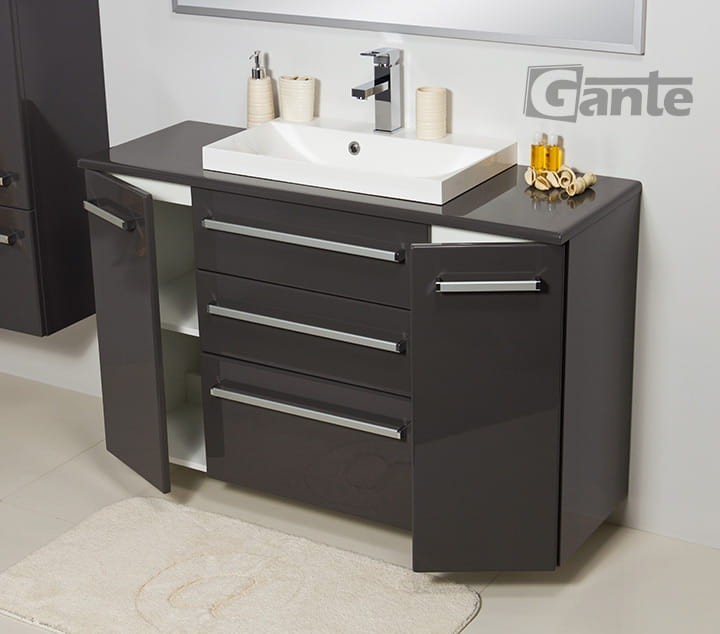 Szara szafka do łazienki FOKUS 120 cm 3 szuflady + blat + umywalka nablatowa LIV 600